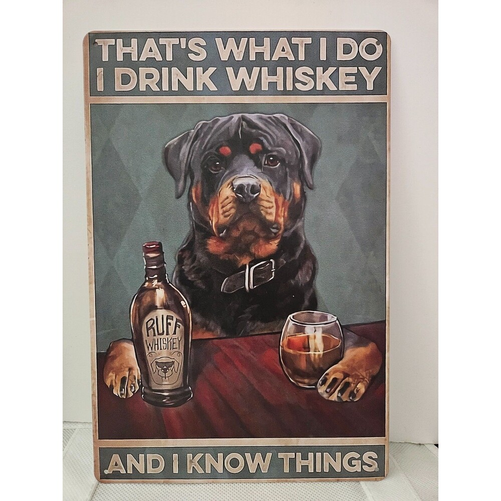 Rottweiler Whiskey Metal Tin Sign Funny Vintage Retro Dog Cave Wall Decor 8x12